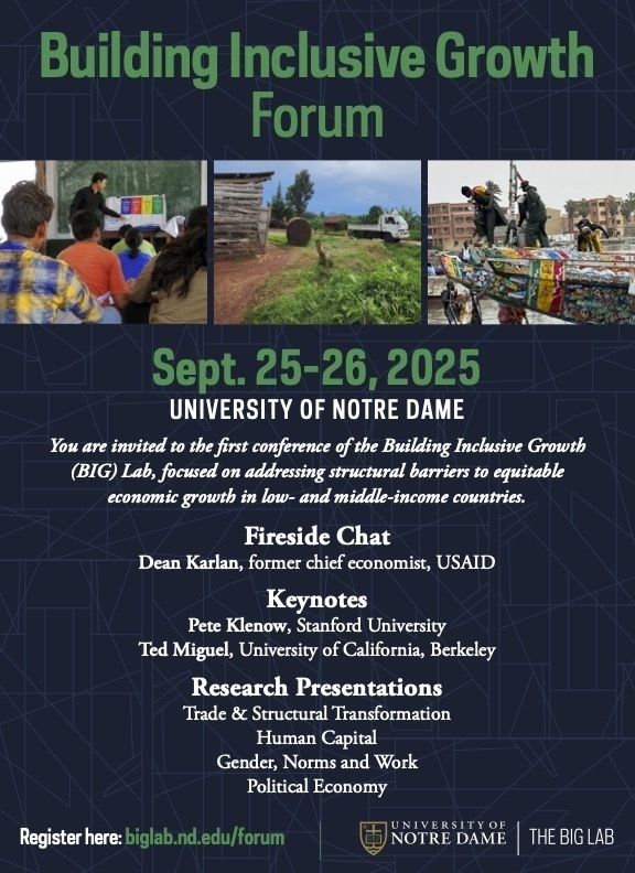 Flyer for the Building Inclusive Growth Forum at the University of Notre Dame, September 25-26, 2025. It features photos of a classroom lecture and people working near a brightly painted boat. Keynote speakers include Pete Klenow and Ted Miguel. Research presentations will cover topics like human capital and political economy.